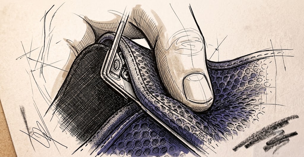 Sketch — mano che apre l'astuccio YUGG
